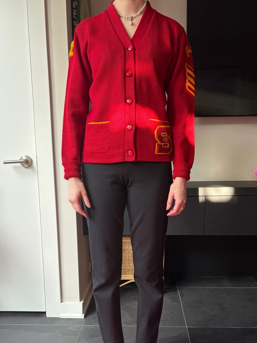 Vintage 100% Wool Red Letterman Cardigan with Yellow Piping, Eagle & S Patch